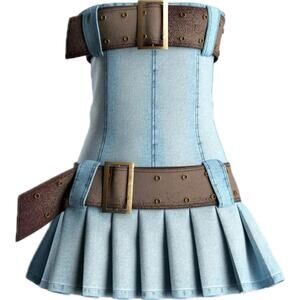 FINESSE Strapless Denim Pleated Mini Dress Double Belt Buckle Light Wash 1X